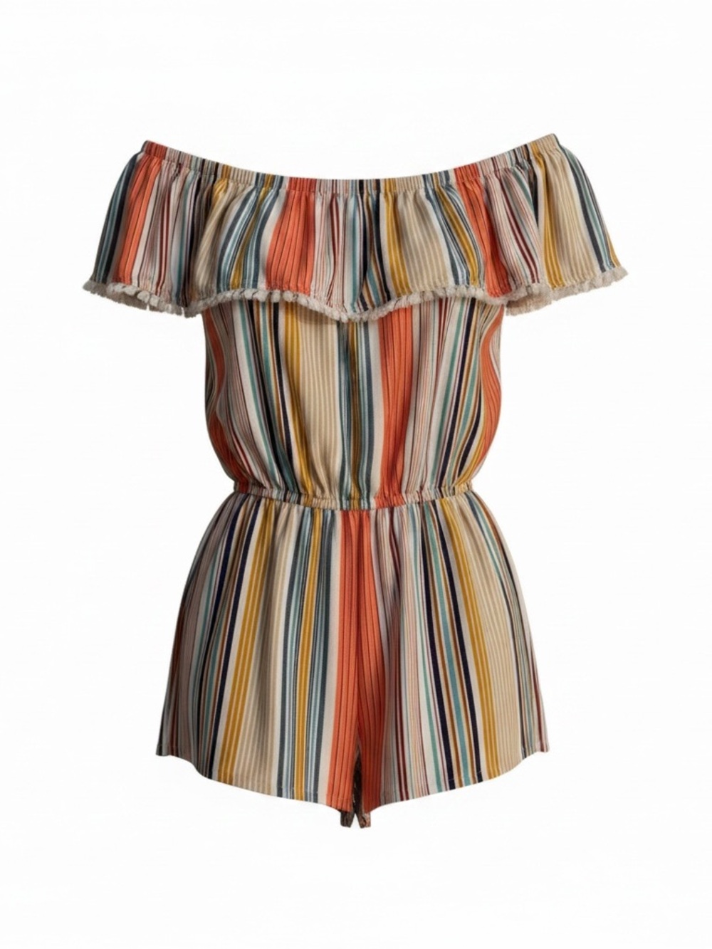 ☀️ Derek Heart • Multi-Color Stripe Off-Shoulder Romper • Women’s Medium